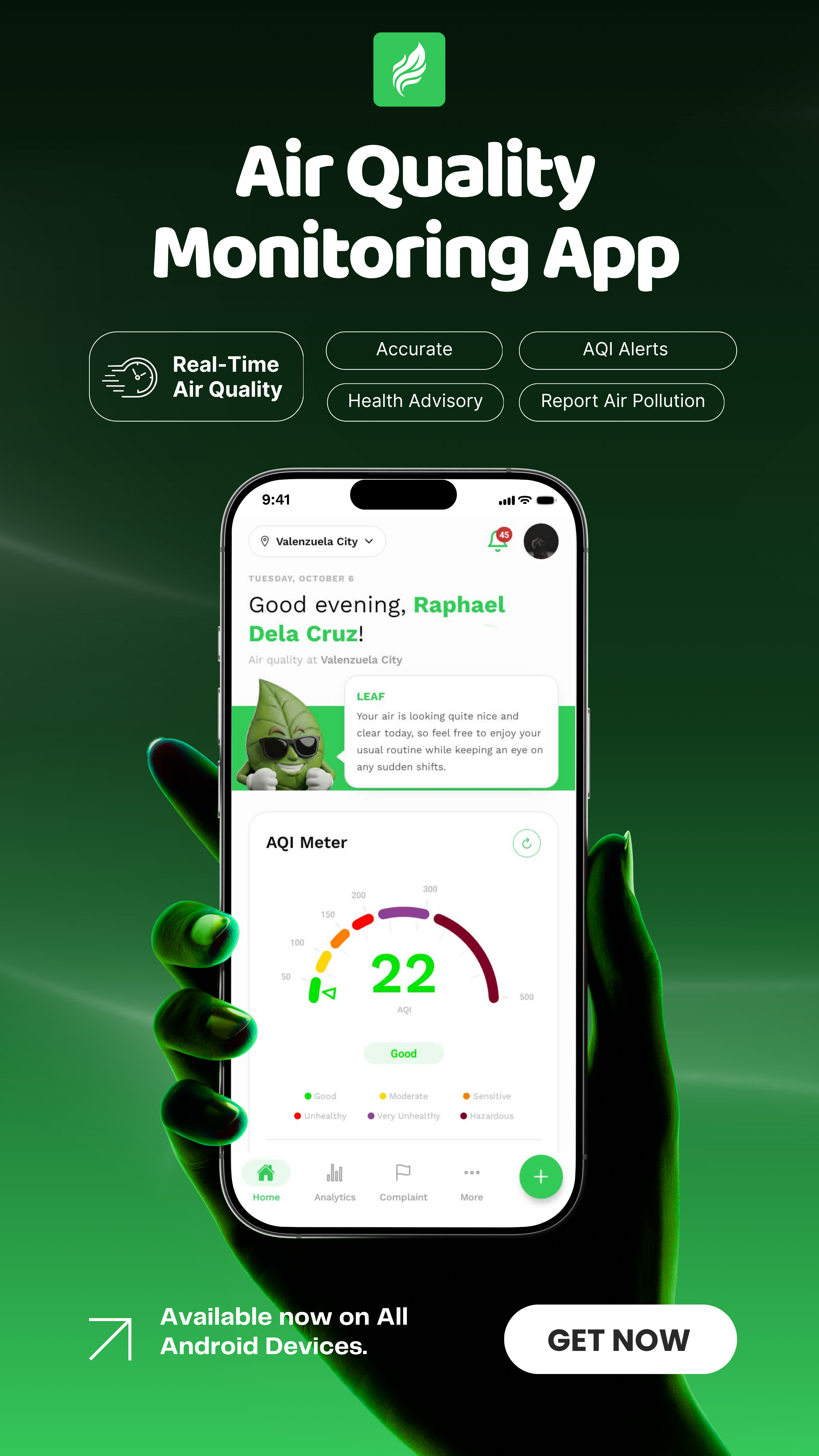 ComnAir mobile app home screen featuring a real-time Air Quality Index gauge and health advisory