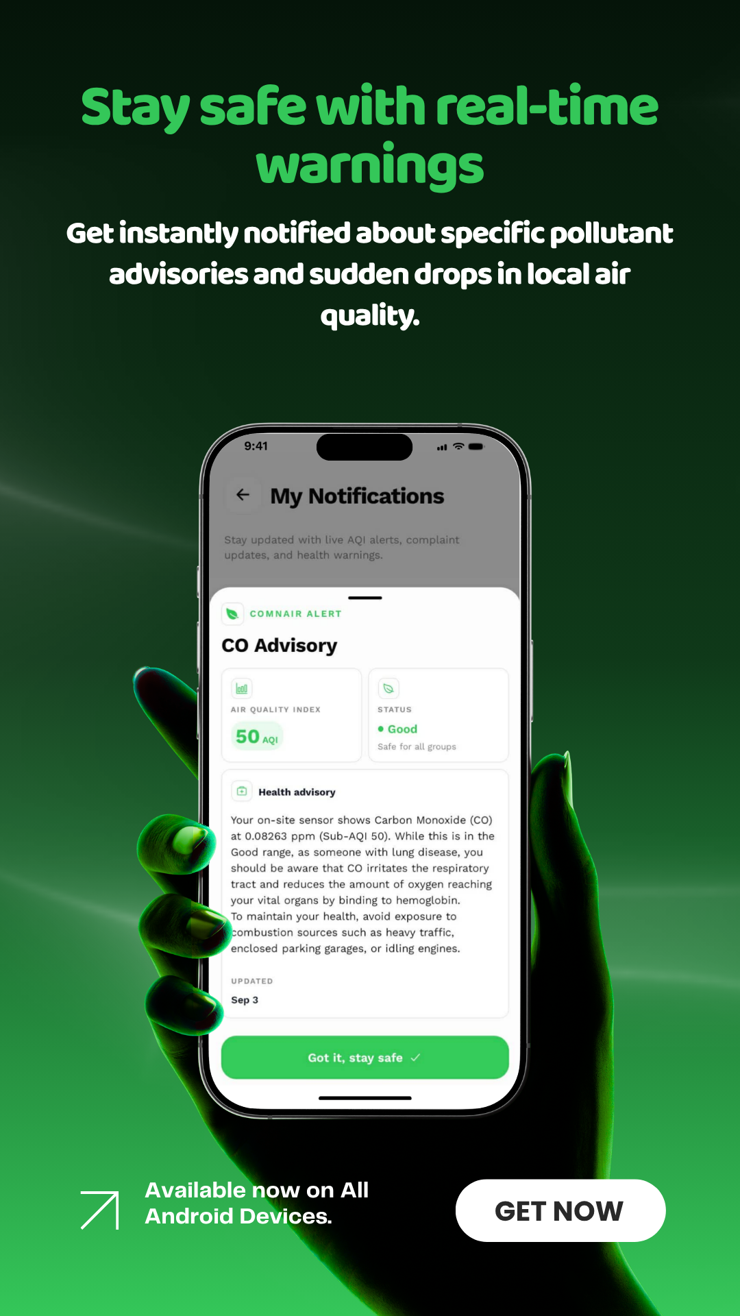 ComnAir real-time warning screen displaying specific pollutant notifications and carbon monoxide advisories