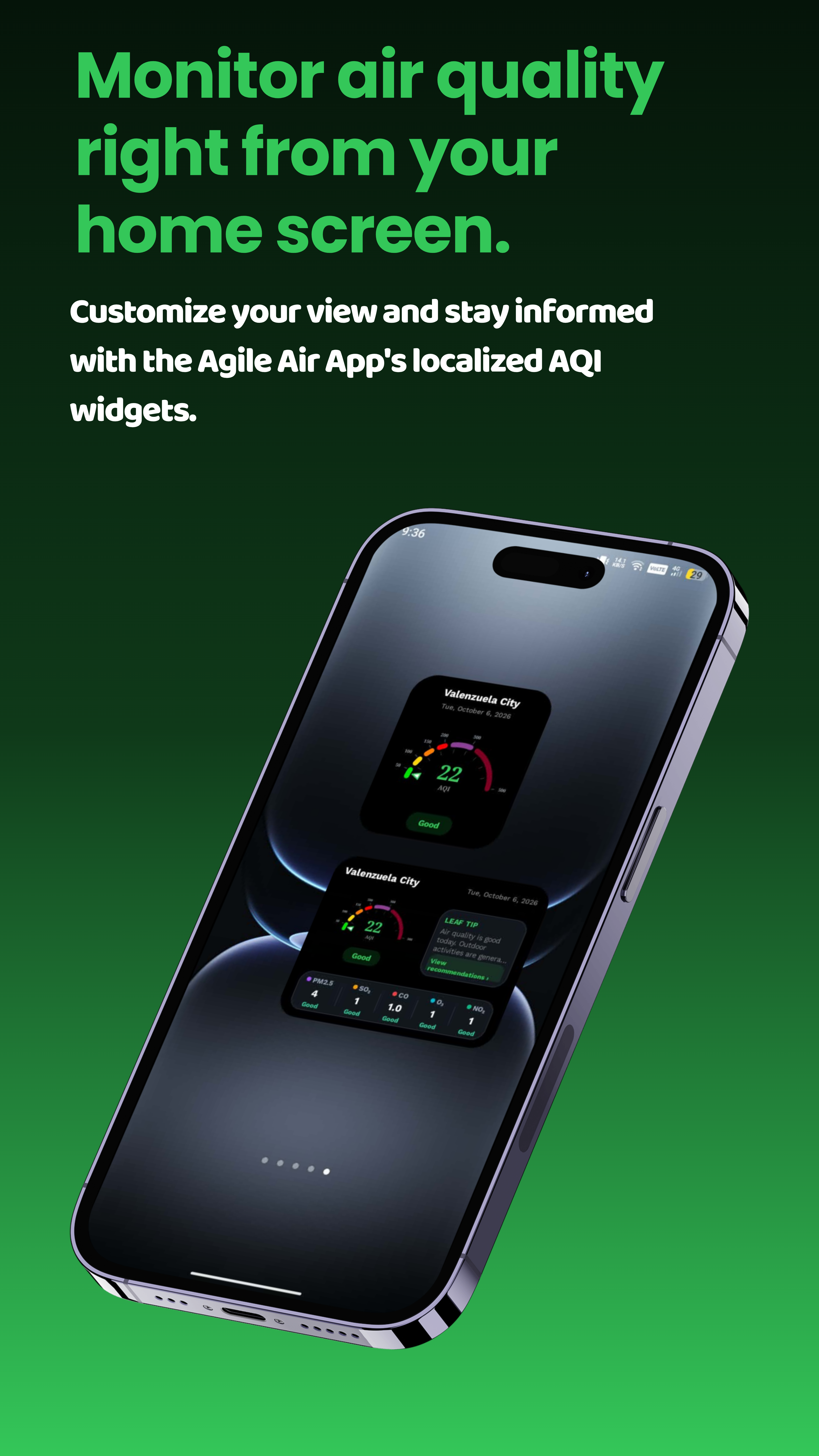 Customizable ComnAir home screen widgets displaying real-time localized AQI metrics on Android devices